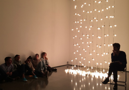 Students gathered in front of Felix Gonzalez-Torres, "Untitled" (North), 1993. Part of Turn on the Bright Lights, a thesis exhibition curated by Carla Acevedo-Yates, CCS Bard '14