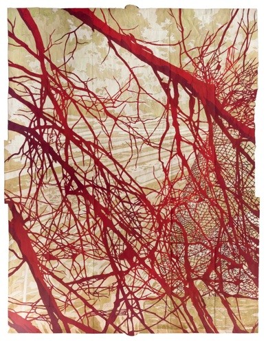 Held (orchard and rail), 2011<br/>gouache and thread on found paper,  50.25 x 38 inches          <br/>