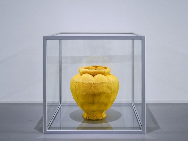 Vessel 2 <br/>Beeswax, glass, aluminium, 86x86x86 (cabinet) 50x35x35cm (vessel)<br/>2011<br/>